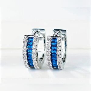 Sapphire Blue & Clear CZs Huggie Earrings